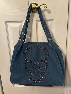 Betsey Johnson Denim Skull Grommet Tote Bag - Blue